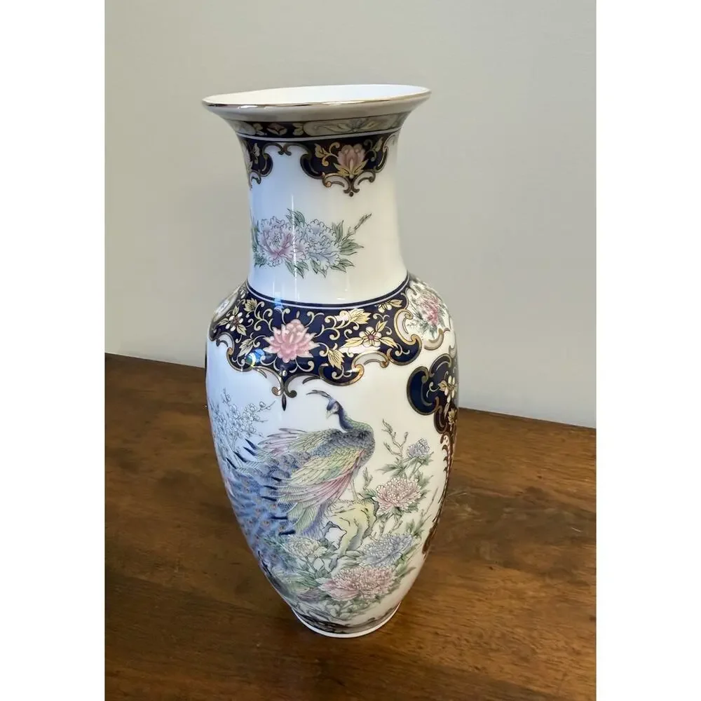 Vintage Japan Porcelain Peacock Floral Vase Cobalt Blue Gold Gilt 10.625